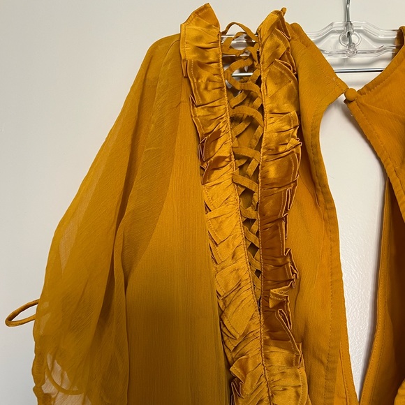 Mustard ASOS DESIGN Mini Dress with Satin Trim Ruffle and Tie Detail - Picture 6 of 7